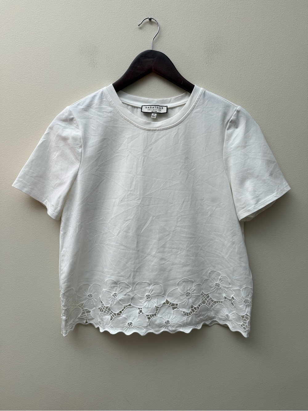 Bagatelle Collection White Short Sleeve Tee with Floral Cutwork Hem Detail